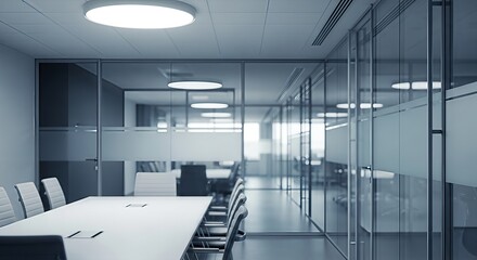 Modern corporate interior design: a bright and minimalist open-plan office space featuring sleek