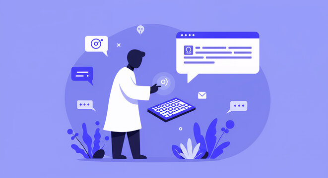 Digital Healthcare Professional Using Tablet and Chat on Blue Background