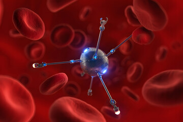 Futuristic medical nanorobot floating inside a human blood vessel with red blood cells, representing advanced nanotechnology in healthcare