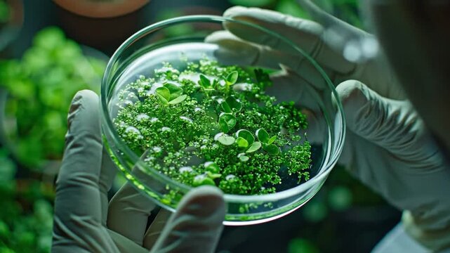 Scientist Examining Plant Tissue Culture in Petri Dish for Genetic Research