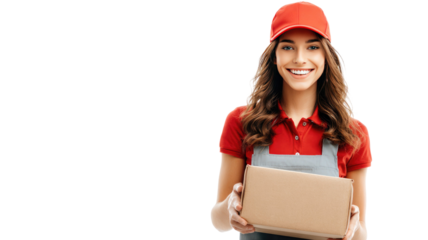 A smiling female delivery worker holds a package confidently while standing in a professional courier pose on white background
