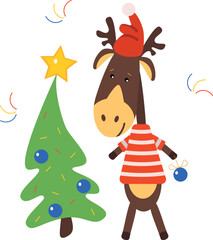 Christmas reindeer in sweater with bauble near tree — cute cartoon winter illustration