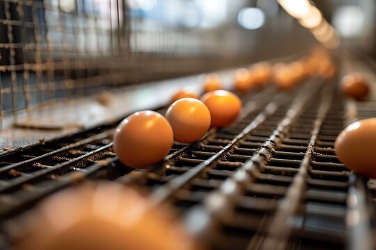 Eggs aligning on conveyor belt in poultry farm
