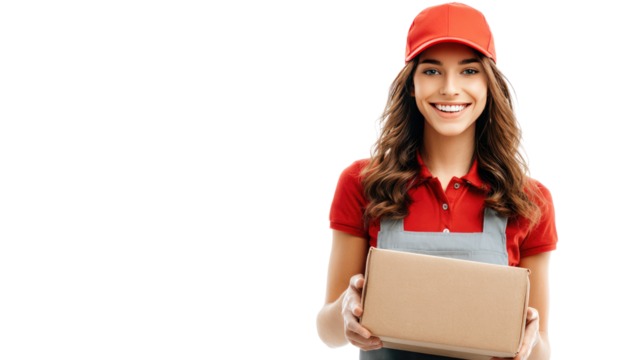 A smiling female delivery worker holds a package confidently while standing in a professional courier pose on white background
