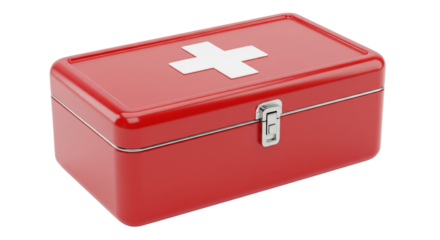 Red first aid kit box with white cross, 3D realistic