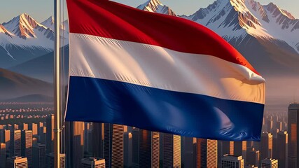 Waving Netherlands flag with red white and blue stripes against a city skyline and snowy mountains at sunset in a 3D animation, symbolizing Dutch national pride. - Powered by Adobe