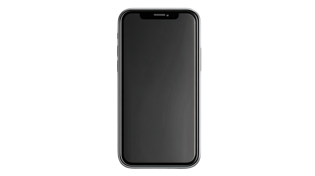 A black smart device with its screen turned off is displayed as a clean minimal electronic form on white background
