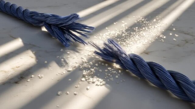 Blue rope, frayed and breaking apart, lies on a surface with scattered crystals and striped shadows