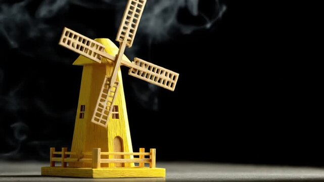 A yellow wooden windmill, surrounded by wispy smoke against a dark background, sits on a grey surface