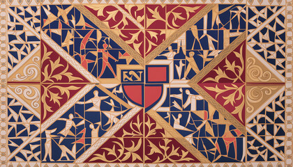 A stylized Art Deco-inspired pattern with heraldry.
The combination of strict geometry and stylized images gives the pattern a unique character.