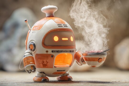 Cute cooking robot holding steaming bowl of food