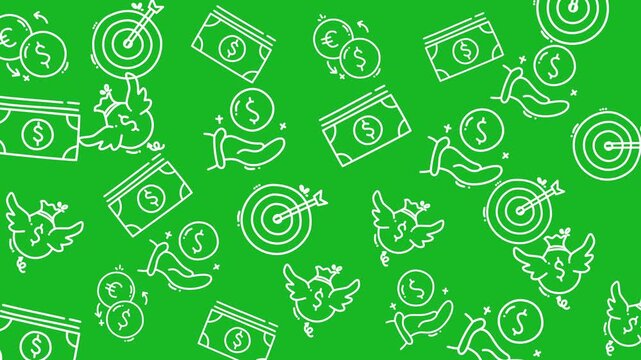 Finance icons pattern with money targets, wings, and hands on a green background. Suitable for financial presentations, reports, and marketing materials.
