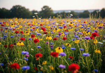 Large Field of Colorful Wildflowers Blooming in Summer
