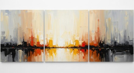 Abstract cityscape triptych painting with vibrant warm colors and reflections on water