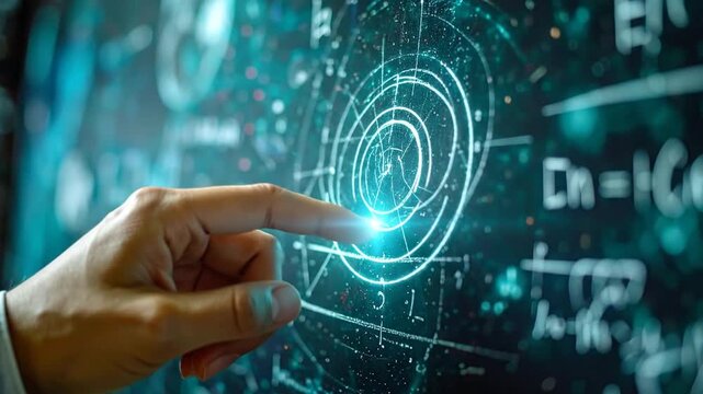 Close-up of a hand pointing at glowing scientific formulas and diagrams on a futuristic display