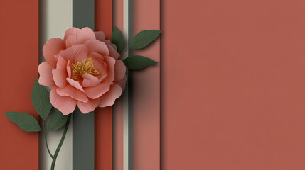 Obraz premium A pink background with a three-dimensional paper-cut style flower and green leaves on the left side of it, a minimalist composition