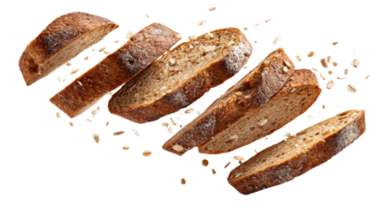 Sliced rye bread appears suspended in the air showing its rustic texture and rich dark crust clearly on white background
