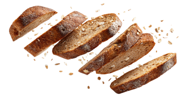 Sliced rye bread appears suspended in the air showing its rustic texture and rich dark crust clearly on white background - Powered by Adobe