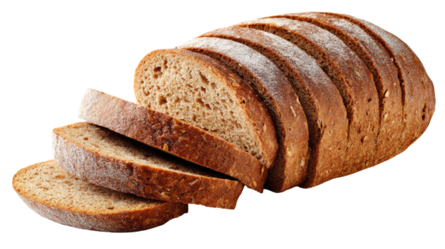 A sliced loaf of rye bread is shown in closeup revealing its hearty texture and dark crust on white background