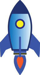 Modern flat rocket with flame representing startup success, business growth, fast development, space exploration and technology innovation concept