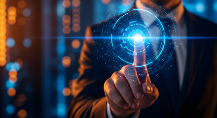 Hand pushing a digital button on a touch screen interface for global business connection