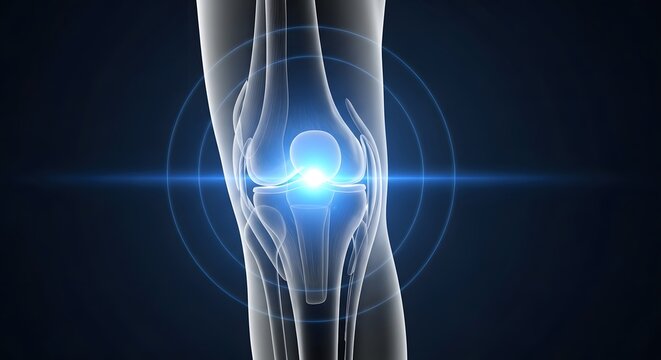 Glowing Human Knee Joint with Medical Technology Overlay.