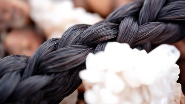 Close-up of a dark, braided rope against a background of small rocks and white, crystalline objects