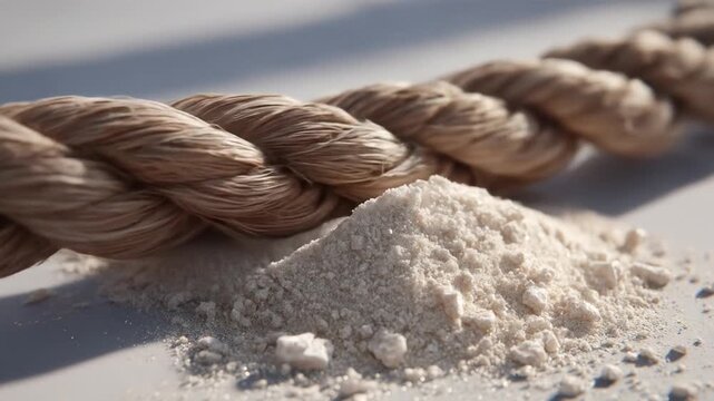 A close-up view of a rope and a pile of sand-like material, possibly on a surface