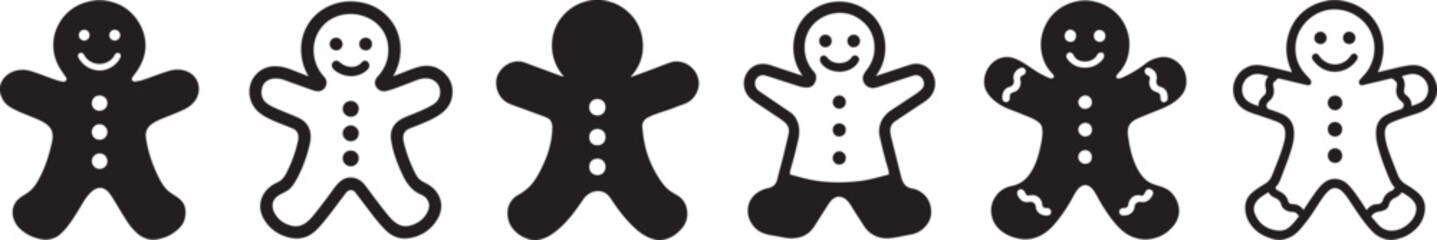 Silhouette gingerbread man icon set ideal for festive Christmas bakery, decor, and designs.