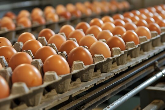 Brown eggs moving on egg production line