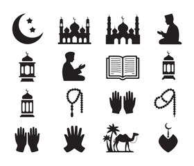 Set of vector Islamic icons in a simple black silhouette style