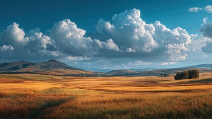 Lonely Tree Stands in Golden Field Under Blue Sky With Puffy Clouds Near Dirt Road