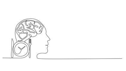 continuous stylized modern drawing of a human head and Plate with o clock, fork, knife, thinking about food. Time to eat.