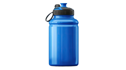 A blue plastic sport water bottle designed for cycling use stands upright showcasing its ergonomic shape on white background