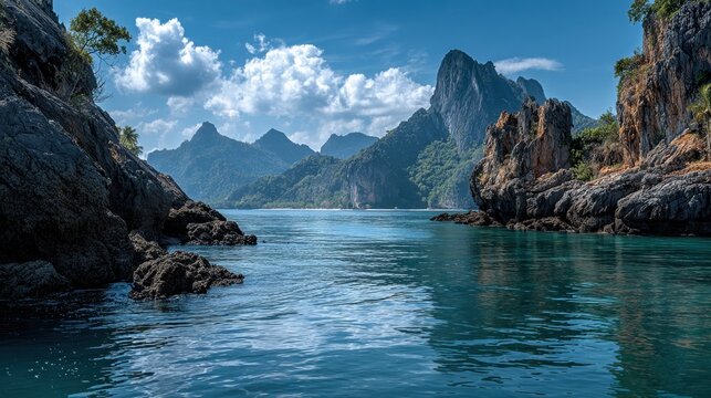 Serene turquoise waters and limestone cliffs of phuket, thailand create a peaceful seascape with a traditional longtail boat near the rocky shore