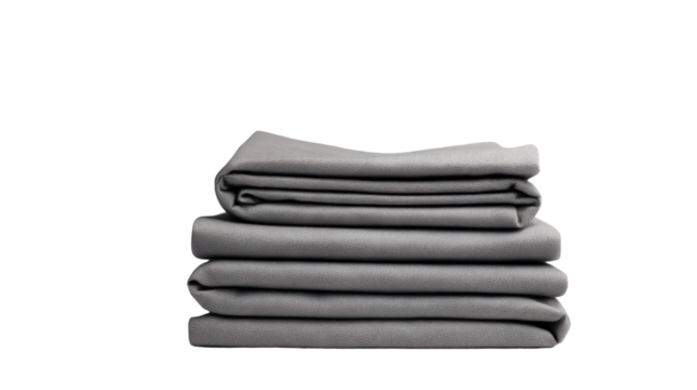 A stack of folded gray bed sheets is neatly piled to display smooth layered textiles on white background