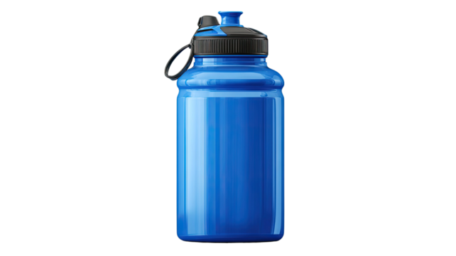 A blue plastic sport water bottle designed for cycling use stands upright showcasing its ergonomic shape on white background