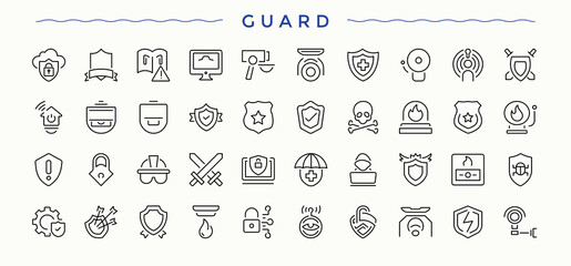 Guard related icon set. Contains related to access, privacy, protect, security camera and more. Protect linear icon set. Line symbol and sign. Pixel perfect. Vector illustration.