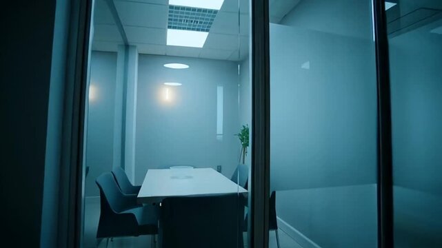 Dimly lit meeting room, modern minimalist design with glass walls, corporate workspace during late hours, office environment and after-hours vibe