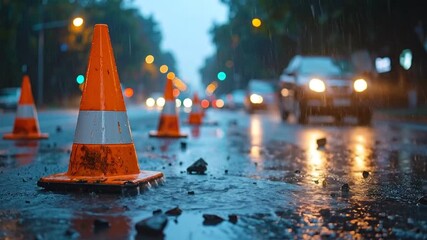 Vibrant orange traffic cones on a rain-soaked urban street, reflecting the soft glow of headlights from passing cars, emphasizing cautious driving in challenging wet weather conditions