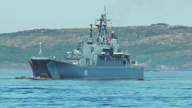 The annual celebration of the Day of the Russian Navy. Warships in the waters of the Kola Bay.