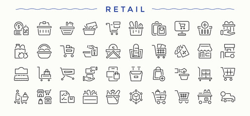 Retail icon. Business icon pack. Icons for website. Pack of purchase, product, sale, business, delivery, supermarket, market and more. Editable stroke collections.