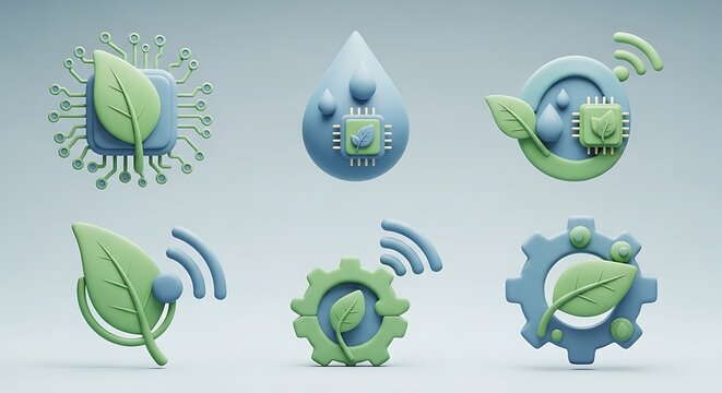 Modern eco-friendly technology icons set for sustainable innovation and green solutions promoting a future of environmental responsibility and smart energy