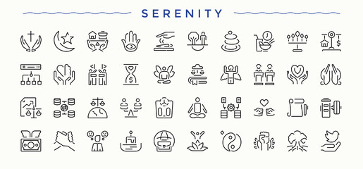 Serenity icon set. Stress minimal thin line web icons set. Mind line icon set. Editable stroke collections.