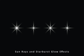 Realistic Sun Rays and Starburst Glow Effects on Black Background Vector