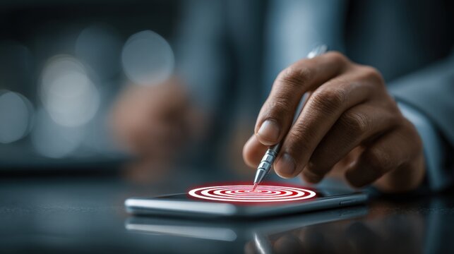 Businessman analyzes digital marketing analytics on smartphone to target customers, using cross feed advertising to increase customer engagement