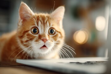 Anthropomorphic cat's morning: fearful gaze at the screen. Smart device input. Screens are our daily portal to a curated reality of images and text. Data on screens. Infographic designs.