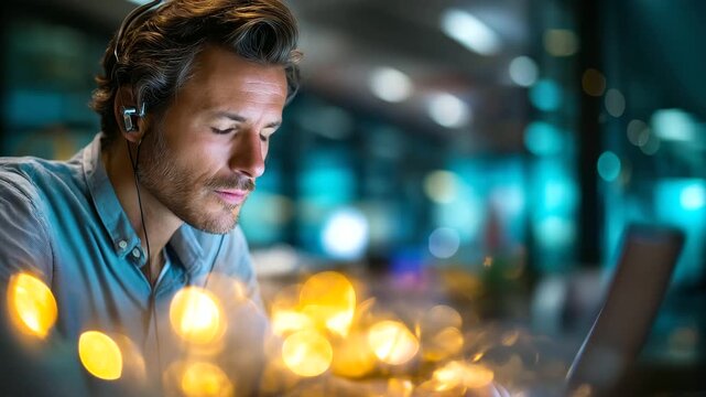 Office worker man with headphones focusing on spreadsheet on laptop, glass office backdrop, productivity vibe, with copy space