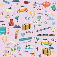 Cute Seamless Pattern with Travel vacation and Transportation Icons. Seamless pattern featuring random travel and vacation themed icons against a soft light purple or lavender background.
