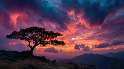 Lone tree on a mountain silhouetted against a vibrant sunset, with orange, pink, and blue clouds filling the dramatic sky over distant rolling hills